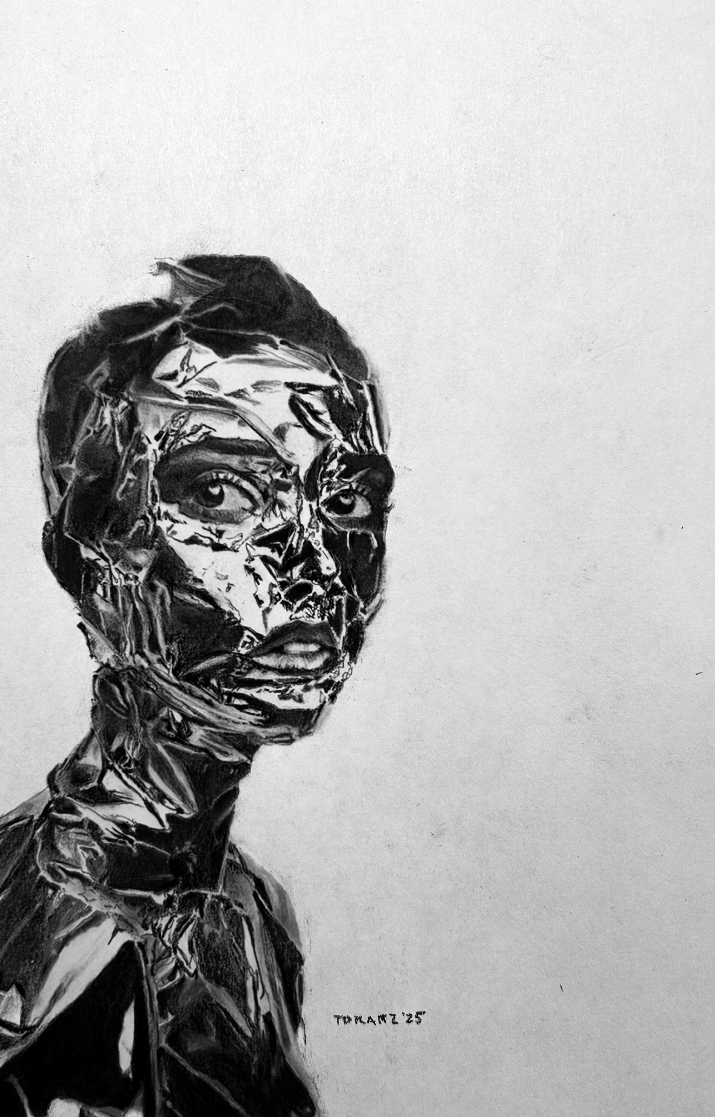 Charcoal drawing of a figure partially wrapped in 
		crinkled, reflective foil, with a deep, emotive gaze. The artwork captures the contrast between 
		human vulnerability and the metallic covering, exploring themes of identity, transformation, 
		and concealment. A captivating and surreal piece perfect for those intrigued by contemporary art 
		and mixed media.