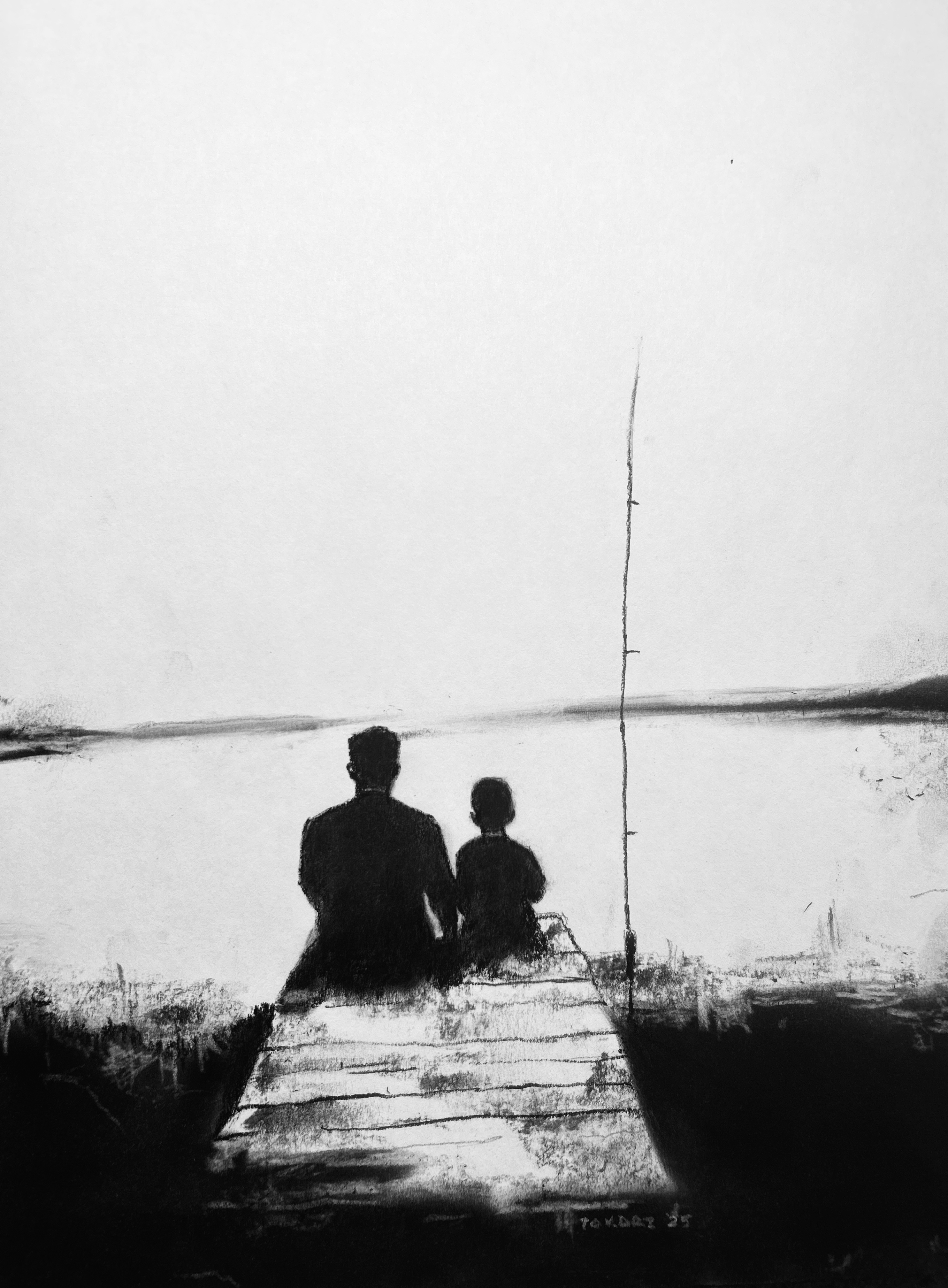 Charcoal drawing of a father and child sitting together 
		on a dock, sharing a quiet moment by the water. The scene, filled with warmth and intimacy, reflects the 
		bond between parent and child. The soft, minimalist style emphasizes the simplicity and beauty of family 
		connections, making it a perfect piece for those who appreciate emotional and contemplative art.